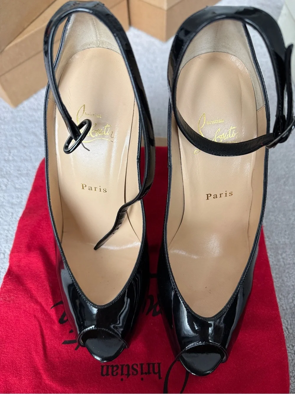 Christian Louboutin Black Patent Leather Peep-Toe Heels